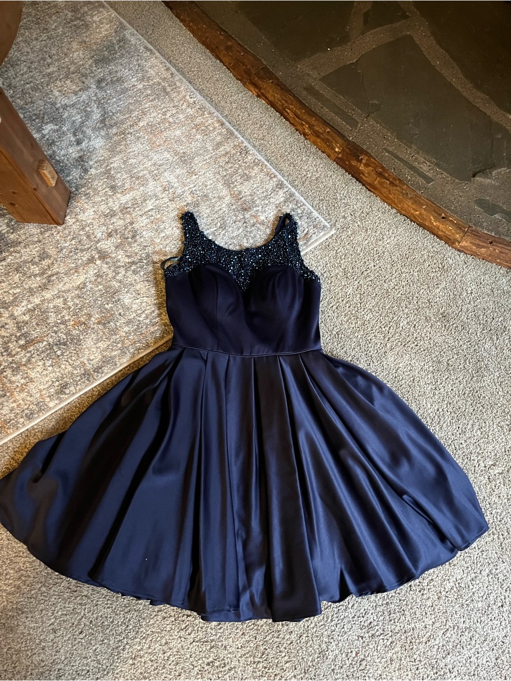 Size 4 Sherri Hill Semi-Formal A-line Beautiful Navy Beaded Fit-and-Flare Dress